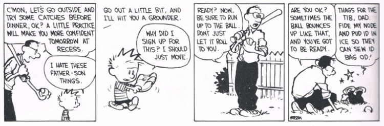 calvin and hobbes and his father playing catch